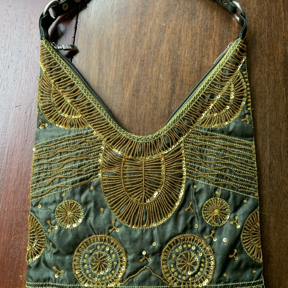 Vintage Embroidered Olive Green purse with Gold Beading. 11.5” wide. 13” high.